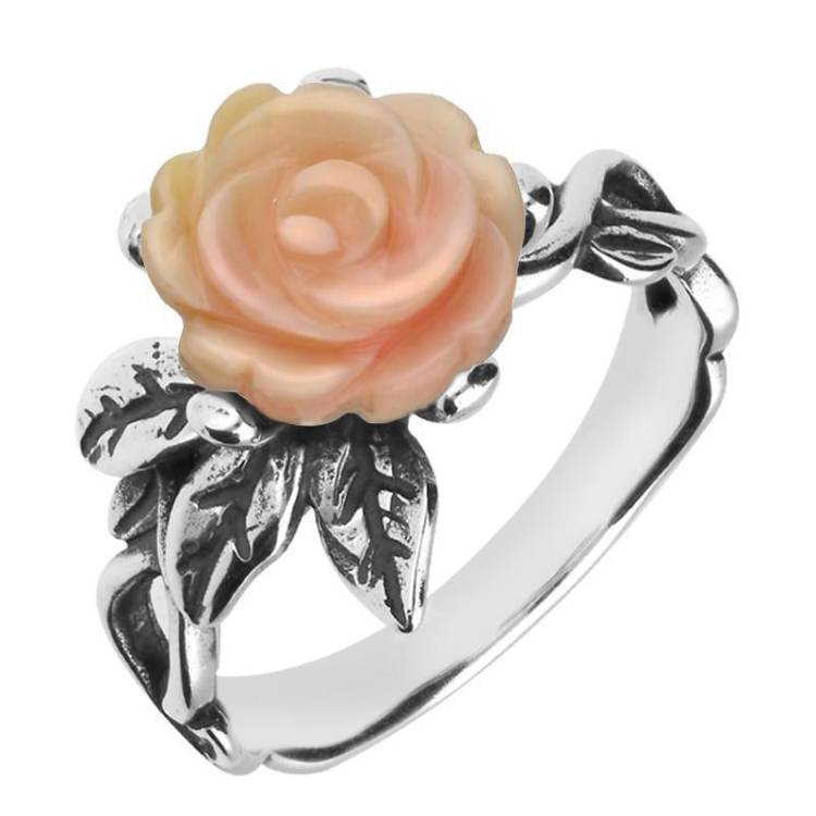 Sterling Silver Pink Conch Tuberose 10mm Rose Leaf Twist Ring - Silver