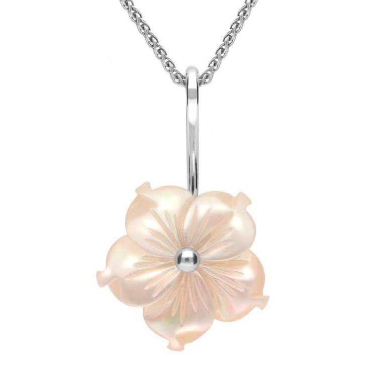 Sterling Silver Pink Mother of Pearl Tuberose 20mm Carnation Necklace - Silver