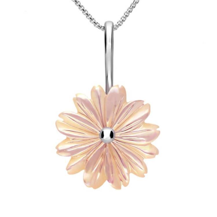 Sterling Silver Pink Mother of Pearl Tuberose 20mm Daisy Necklace - Silver