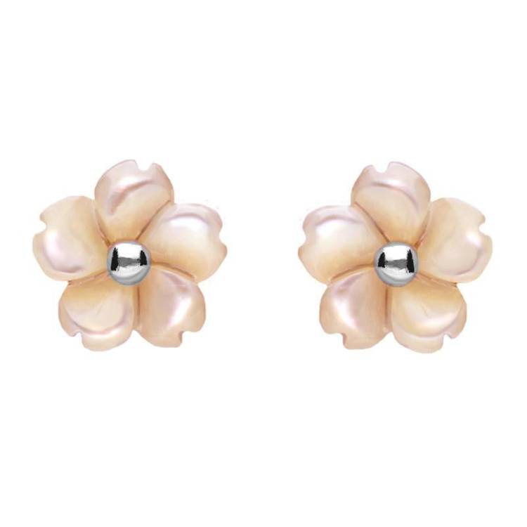 Sterling Silver Pink Mother of Pearl Tuberose 8mm Gypsophila Stud Earrings - Silver