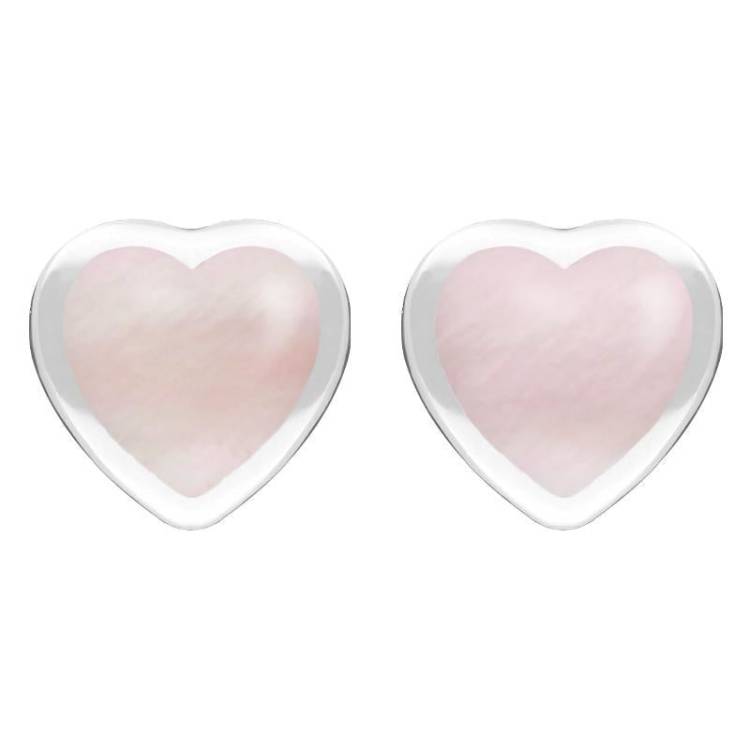 Sterling Silver Pink Mother of Pearl Large Framed Heart Stud Earrings - Silver
