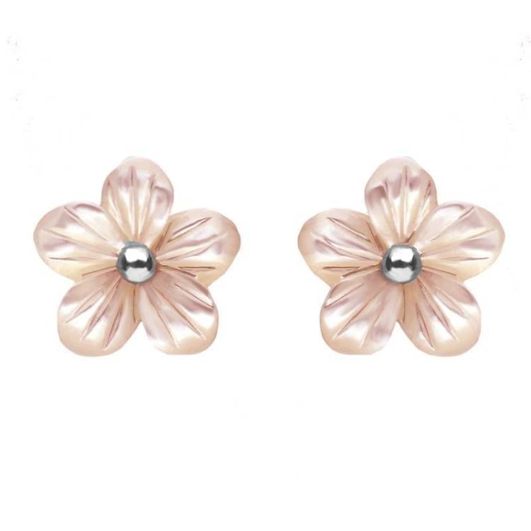 Sterling Silver Pink Mother of Pearl Tuberose 10mm Pansy Stud Earrings - Silver