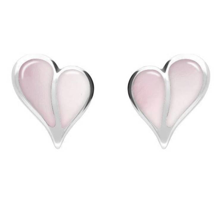 Sterling Silver Pink Mother of Pearl Split Heart Stud Earrings - Silver