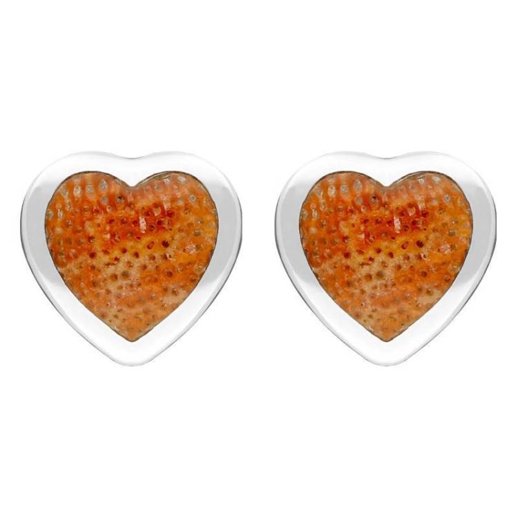 Sterling Silver Red Apple Coral Large Heart Stud Earrings - Silver