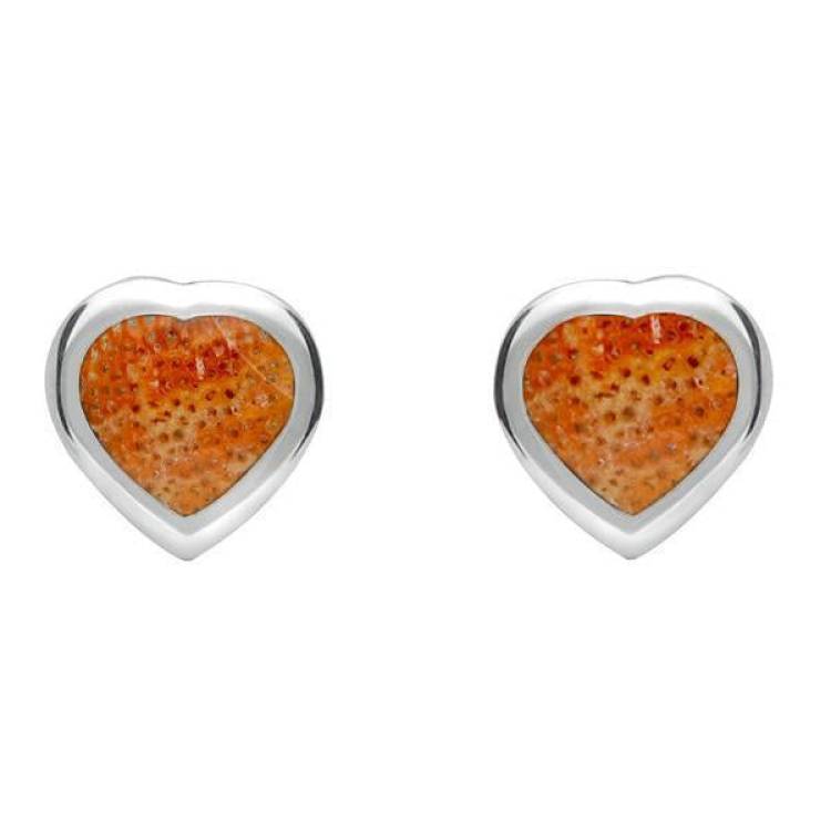 Sterling Silver Red Apple Coral Small Heart Stud Earrings - Silver