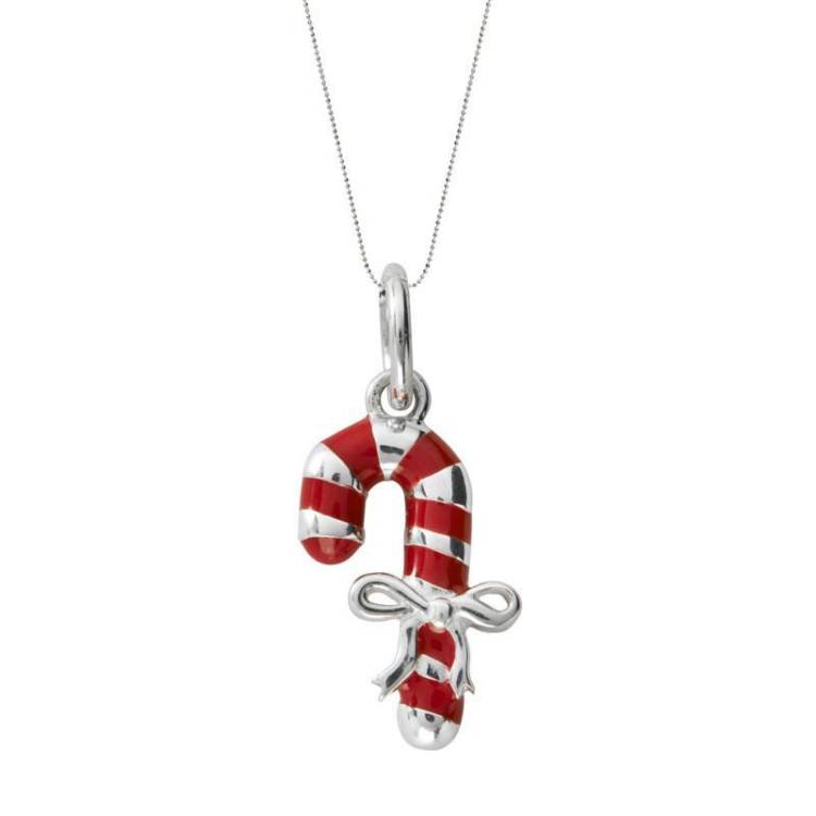 Sterling Silver Red Enamel Large Candy Cane Necklace - Option1 Value Silver