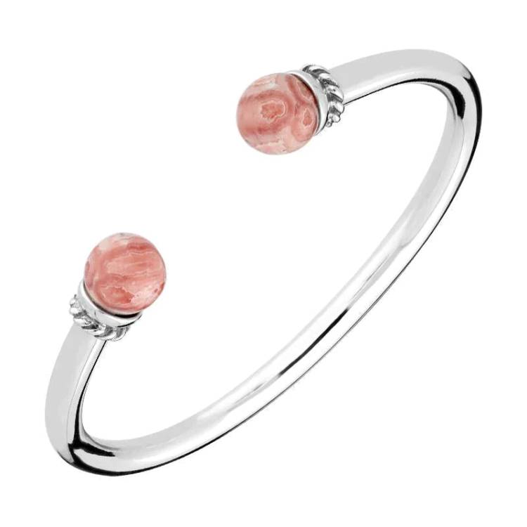Sterling Silver Rhodochrosite Bead Twist Bangle - Silver
