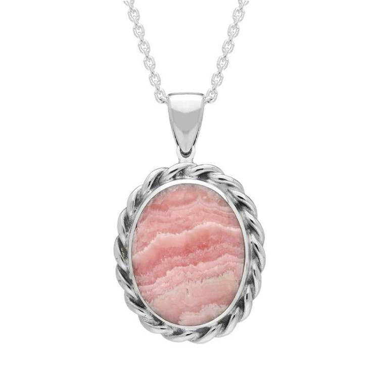 Sterling Silver Rhodochrosite Heavy Rope Oval Necklace - Silver