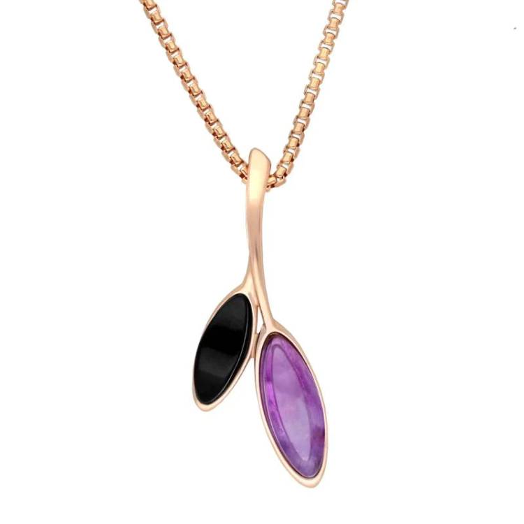 Rose Gold Plated Sterling Silver Whitby Jet Amethyst Leaf Drop Necklace - Silver