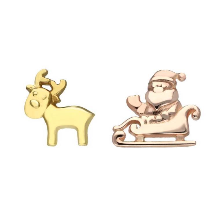 Rose and Yellow Gold Plated Sterling Silver Santa Reindeer Stud Earrings - Option1 Value Yellow Gold