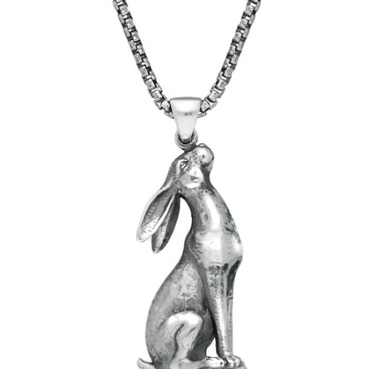Sterling Silver Large Moon Gazing Hare Necklace - Silver