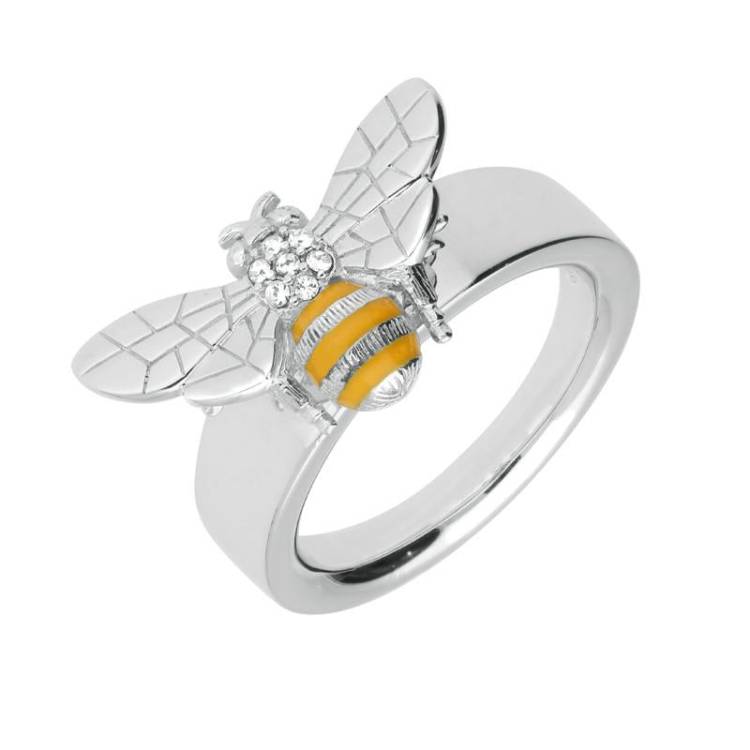Sterling Silver Swarovski Crystal Yellow Enamel House Style Bee Ring - Silver