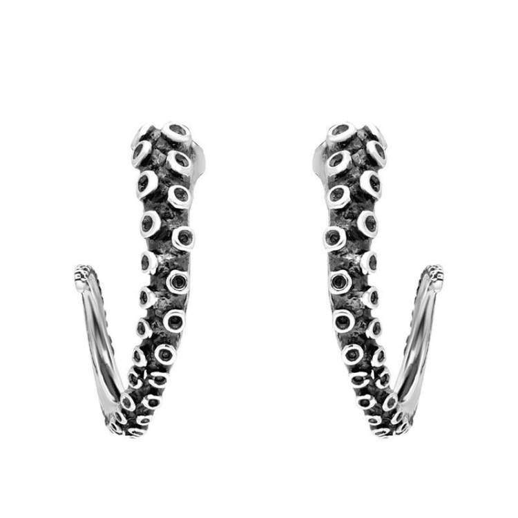 Sterling Silver Tentacle Hoop Earrings - Silver
