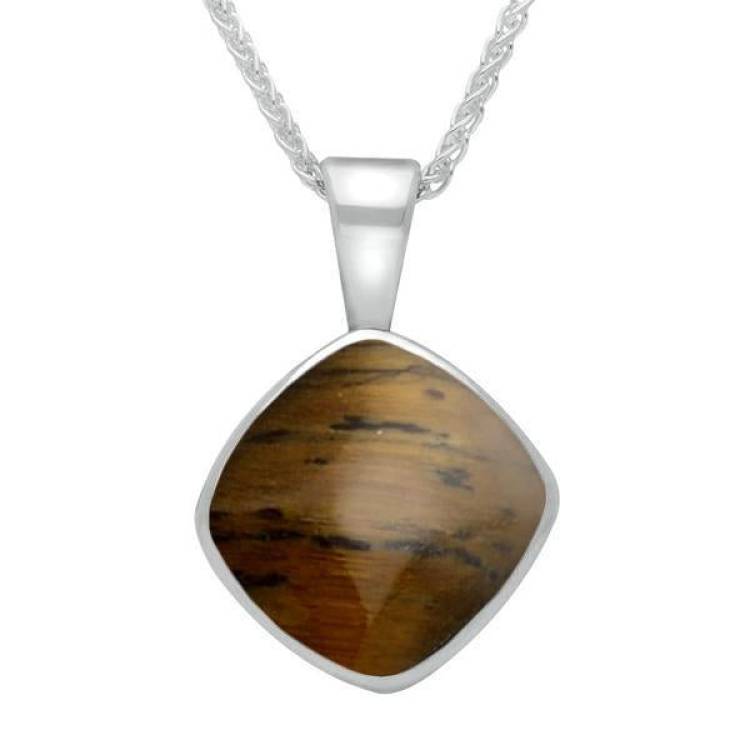 Sterling Silver Tigers Eye Cushion Shaped Necklace - Silver