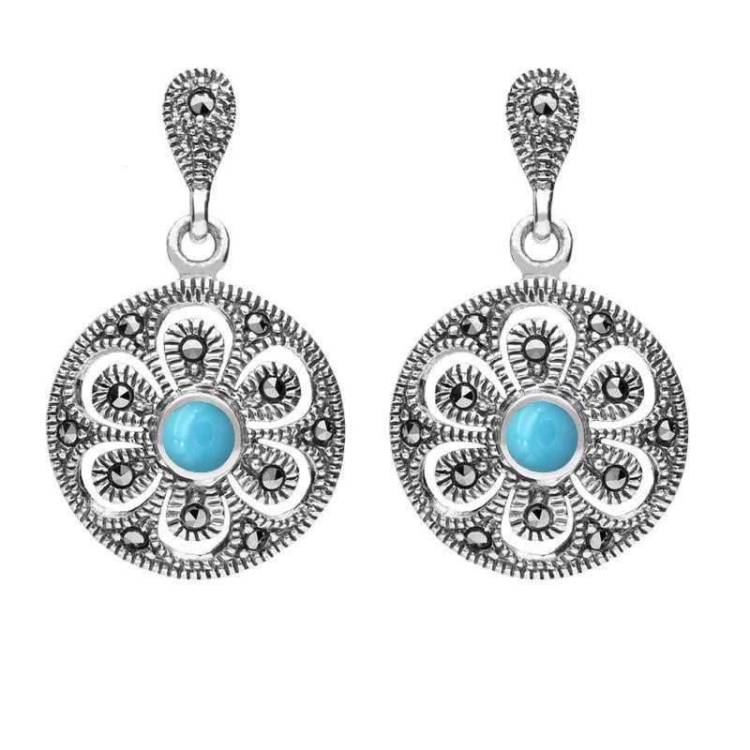 Sterling Silver Turquoise Art Deco Floral Marcasite Drop Earrings - Silver