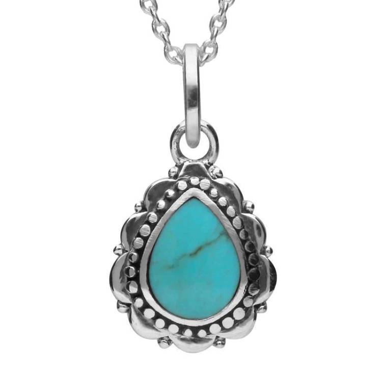 Sterling Silver Turquoise Beaded Edge Pear Shape Necklace - Silver