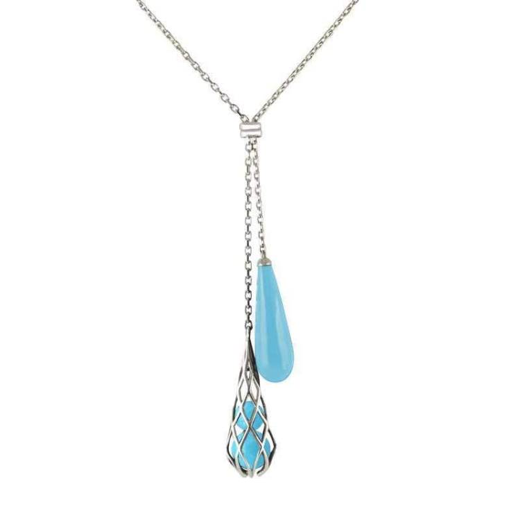 Sterling Silver Turquoise Caged Double Drop Necklace - Silver