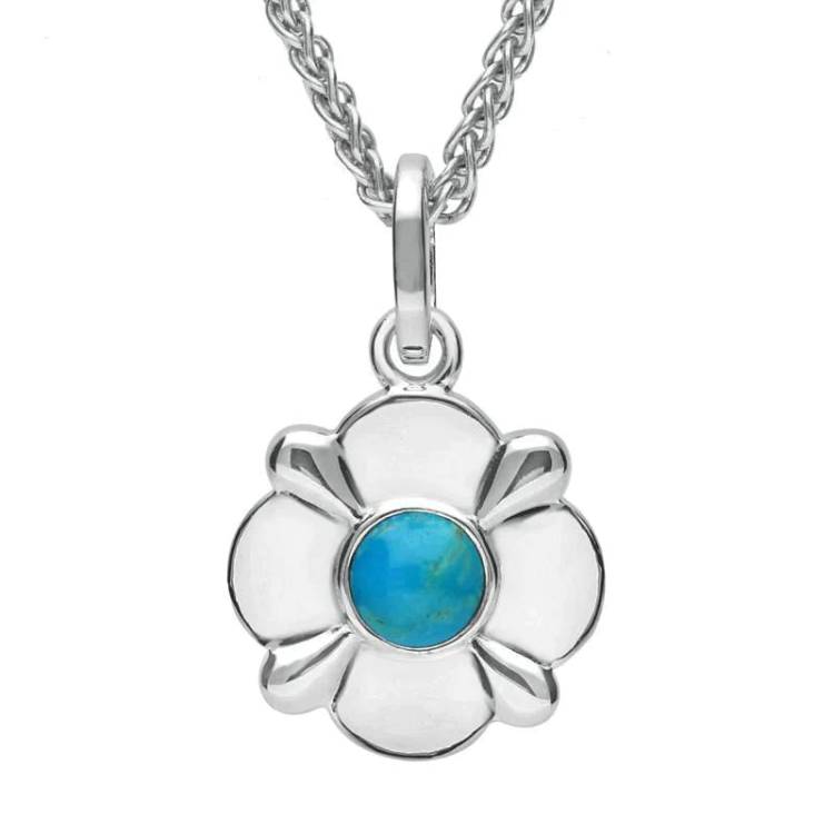 Sterling Silver Turquoise Four Petal Flower Necklace - Silver