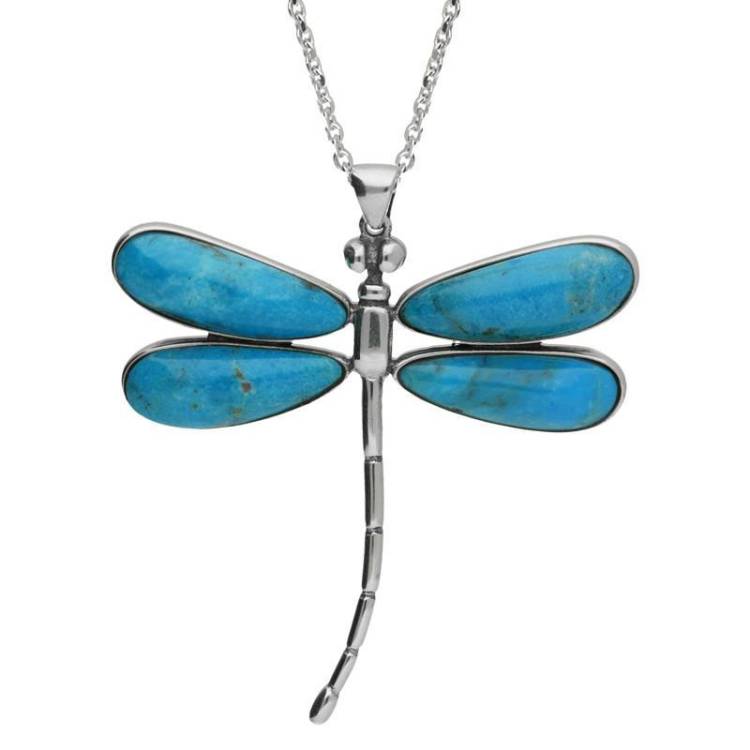 Sterling Silver Turquoise Four Stone Large Dragonfly Necklace - Silver