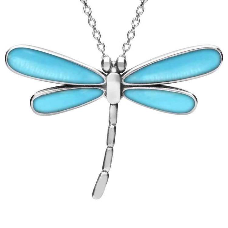 Sterling Silver Turquoise Four Stone Small Dragonfly Necklace - Silver