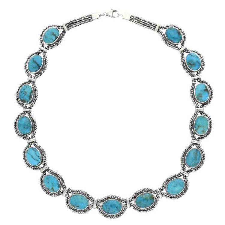 Sterling Silver Turquoise Foxtail Oval Fifteen Stone Necklace - Silver
