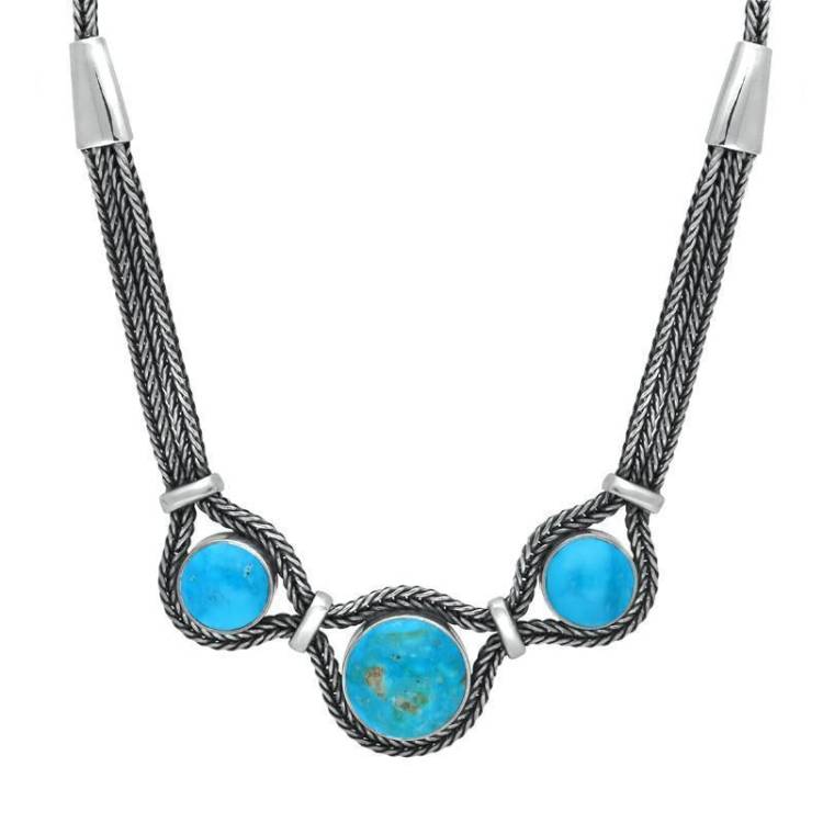 Sterling Silver Turquoise Foxtail Three Stone Necklace - Silver