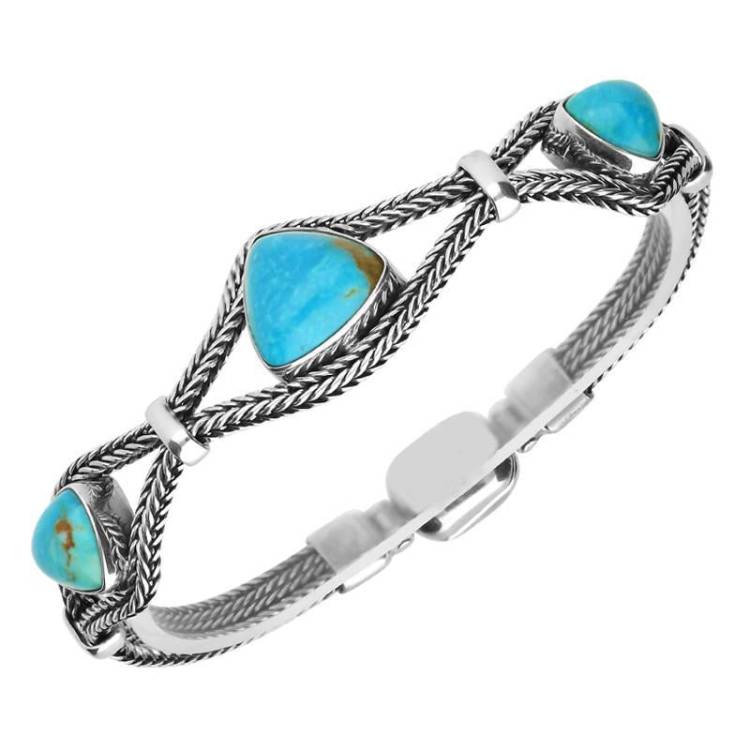 Sterling Silver Turquoise Foxtail Three Stone Triangle Bracelet D - Option1 Value Silver