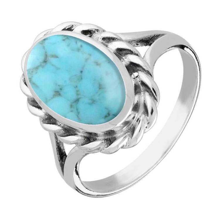 Sterling Silver Turquoise Large Oval Rope Edge Ring - Silver
