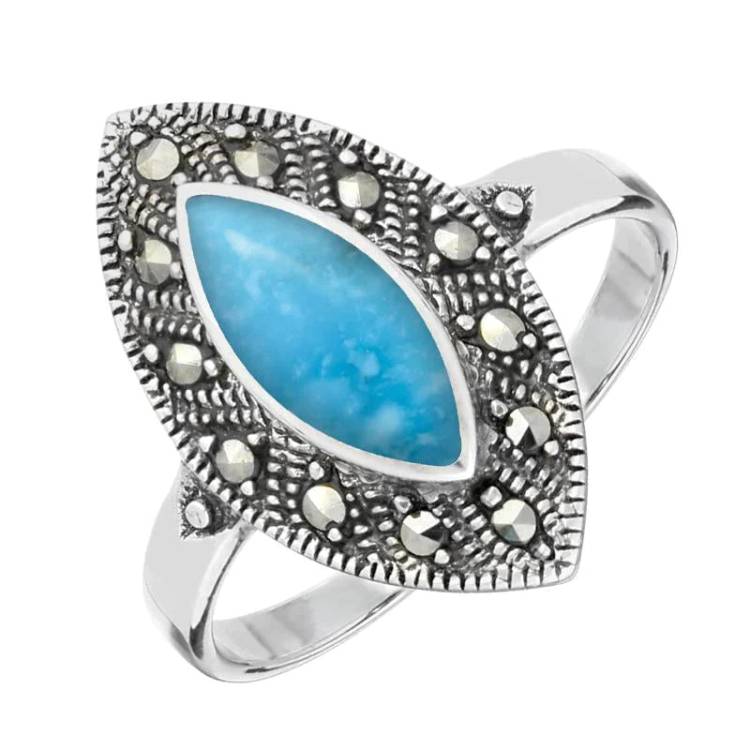 Sterling Silver Turquoise Marcasite Beaded Edge Marquise Ring - Silver