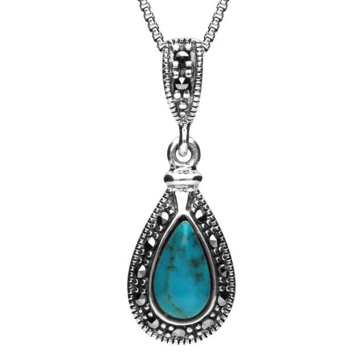 Sterling Silver Turquoise Marcasite Small Beaded Pear Necklace - Silver