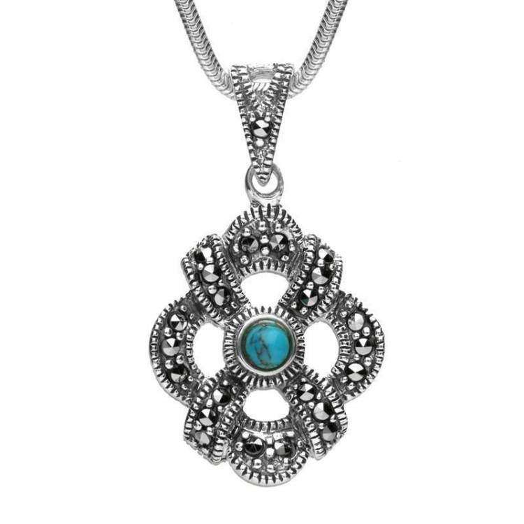 Sterling Silver Turquoise Marcasite Celtic Crossover Necklace - Silver