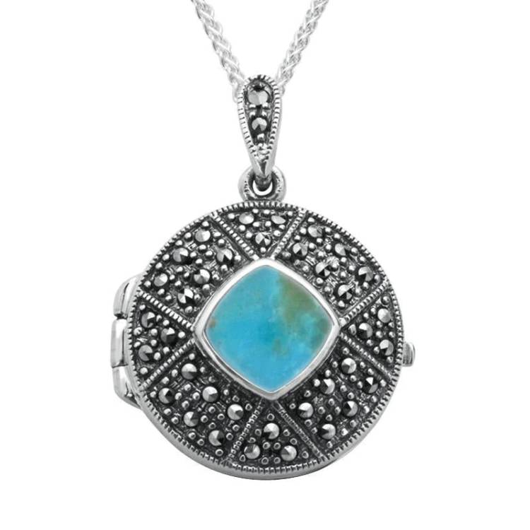 Sterling Silver Turquoise Marcasite Cushion Patterned Locket - Silver
