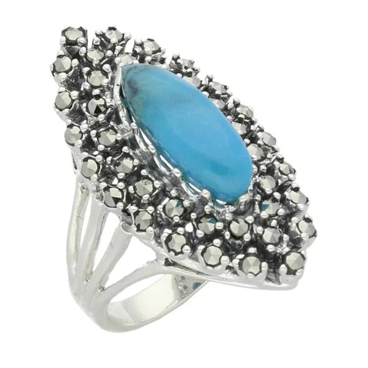 Sterling Silver Turquoise Marcasite Double Marquise Ring - Silver