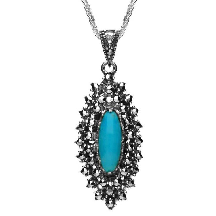 Sterling Silver Turquoise Marcasite Double Row Stone Necklace - Silver