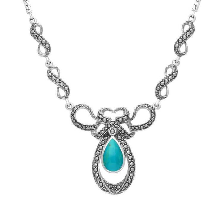 Sterling Silver Turquoise Marcasite Drop Bow Twist Necklace - Silver