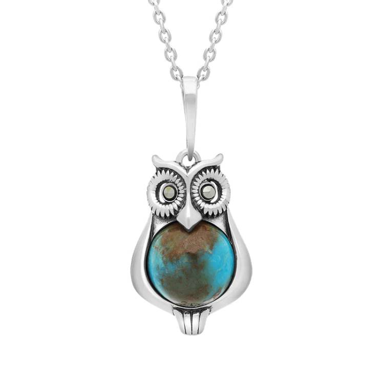 Sterling Silver Turquoise Marcasite Small Owl Necklace - Silver