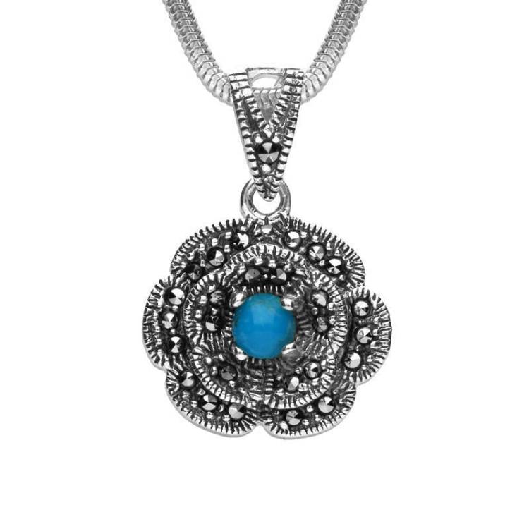 Sterling Silver Turquoise Marcasite Flower Necklace - Silver