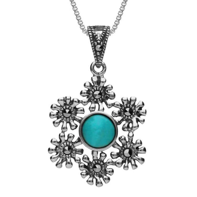 Sterling Silver Turquoise Marcasite Flower Petal Necklace - Option1 Value Silver