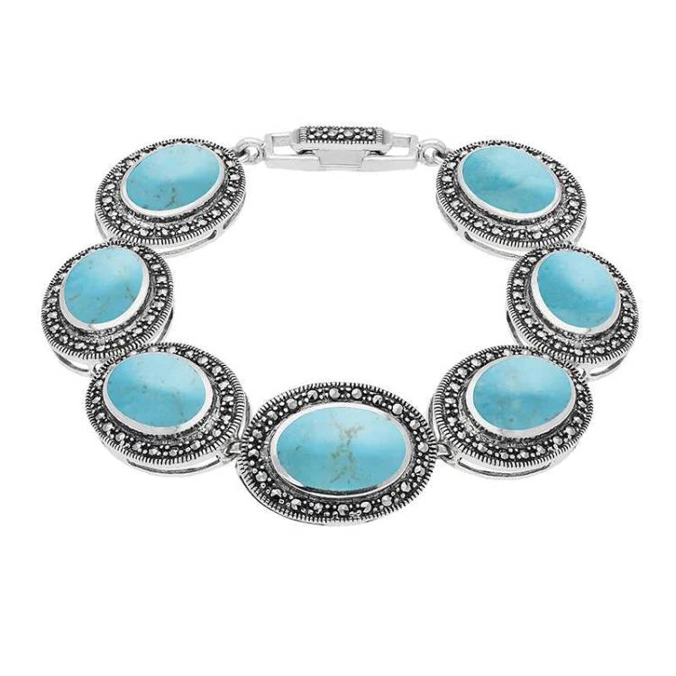 Sterling Silver Turquoise Marcasite Framed Oval Bracelet - Silver