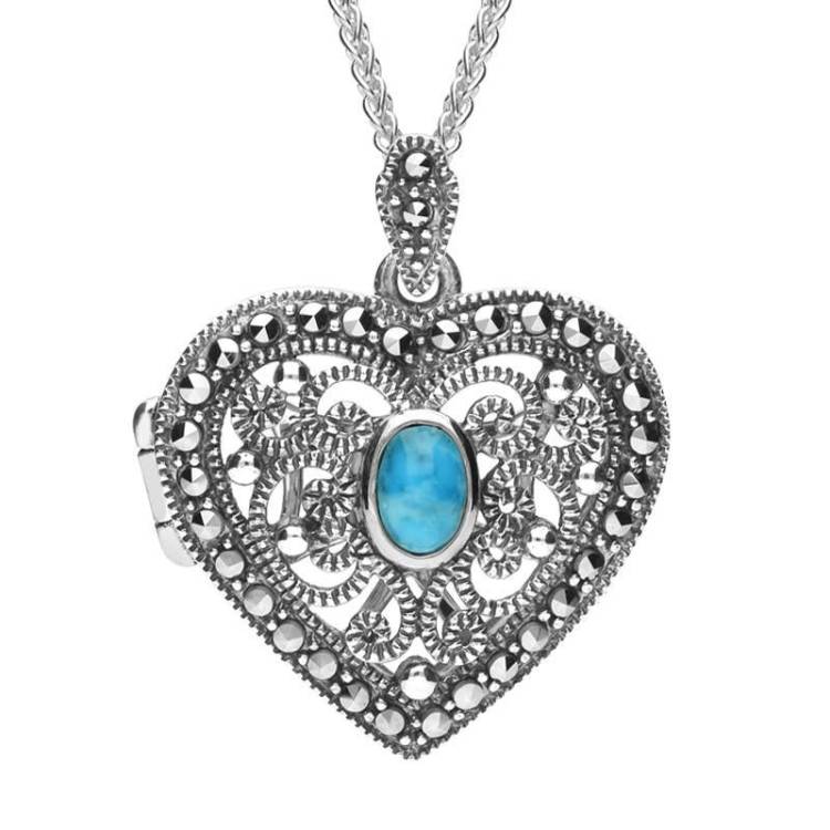Sterling Silver Turquoise Marcasite Heart Locket Necklace - Silver
