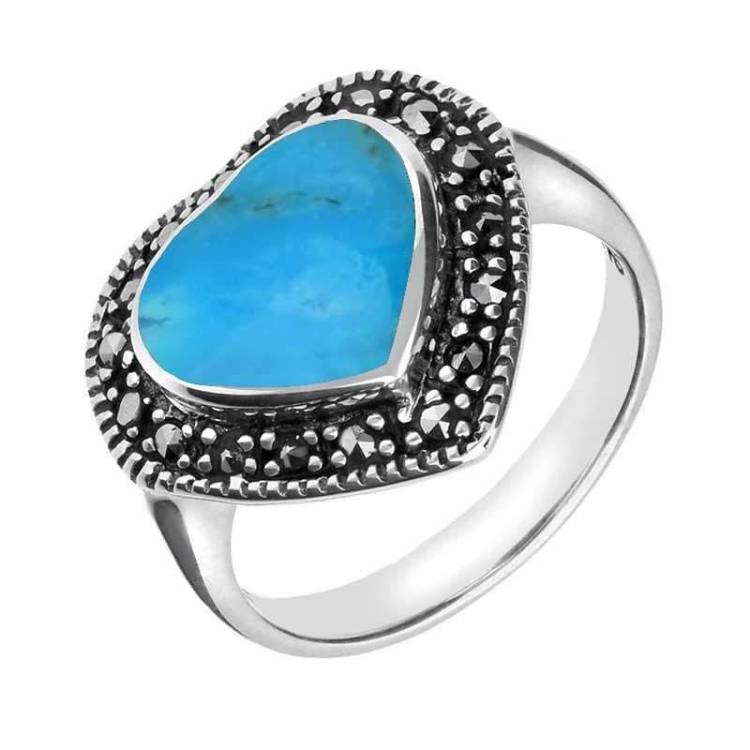 Sterling Silver Turquoise Marcasite Heart Shaped Ring - Silver