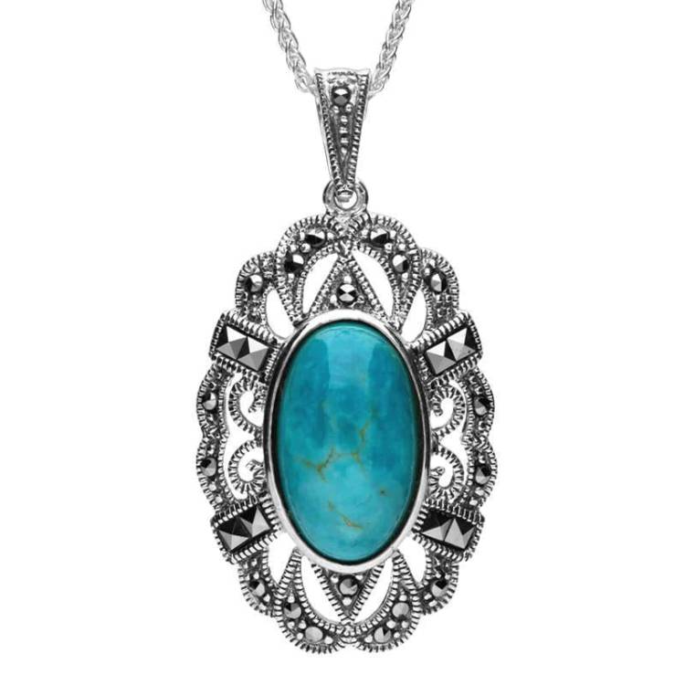 Sterling Silver Turquoise Marcasite Lace Edged Oval Necklace - Silver