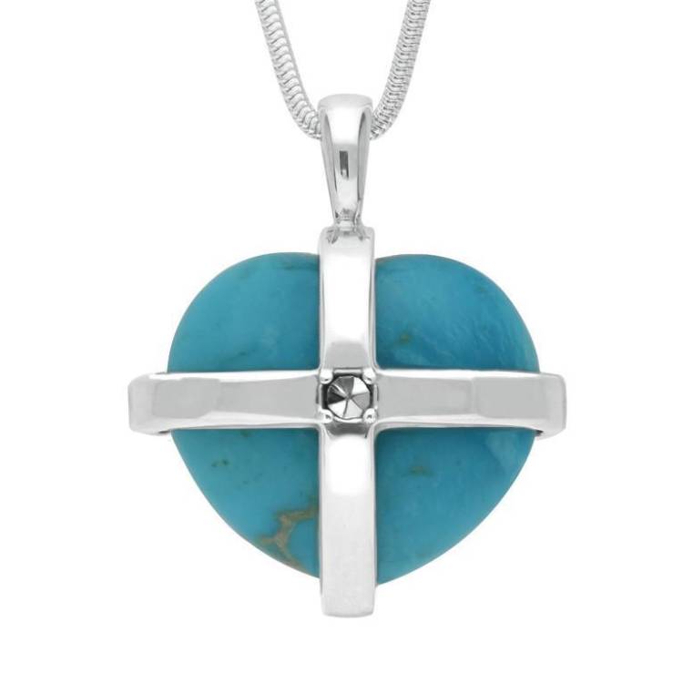 Sterling Silver Turquoise Marcasite Large Cross Heart Necklace - Option1 Value Silver
