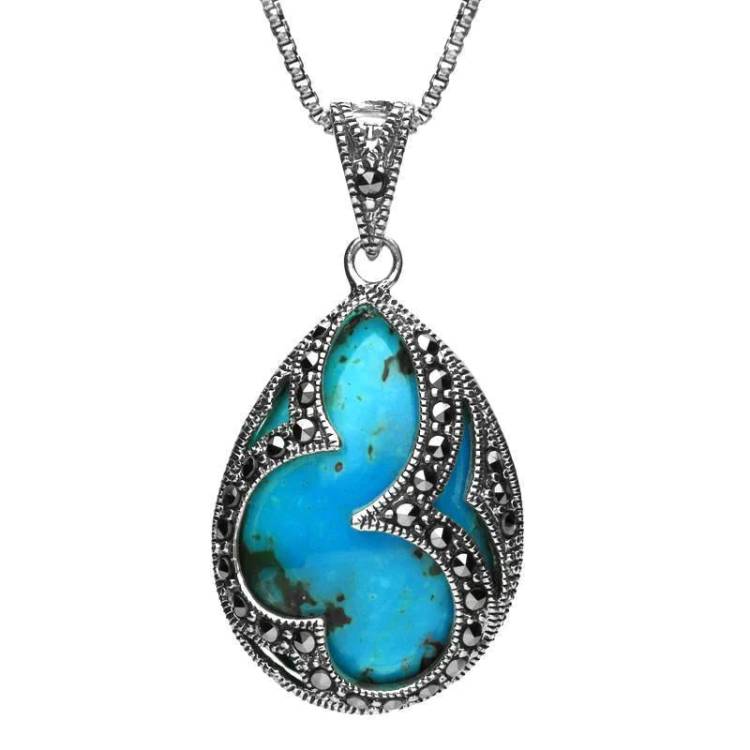 Sterling Silver Turquoise Marcasite Large Pear Shape Necklace - Silver