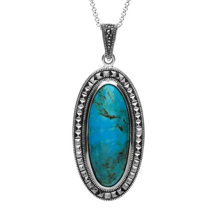 Sterling Silver Turquoise Marcasite Long Oval Bead Edge Necklace - Silver