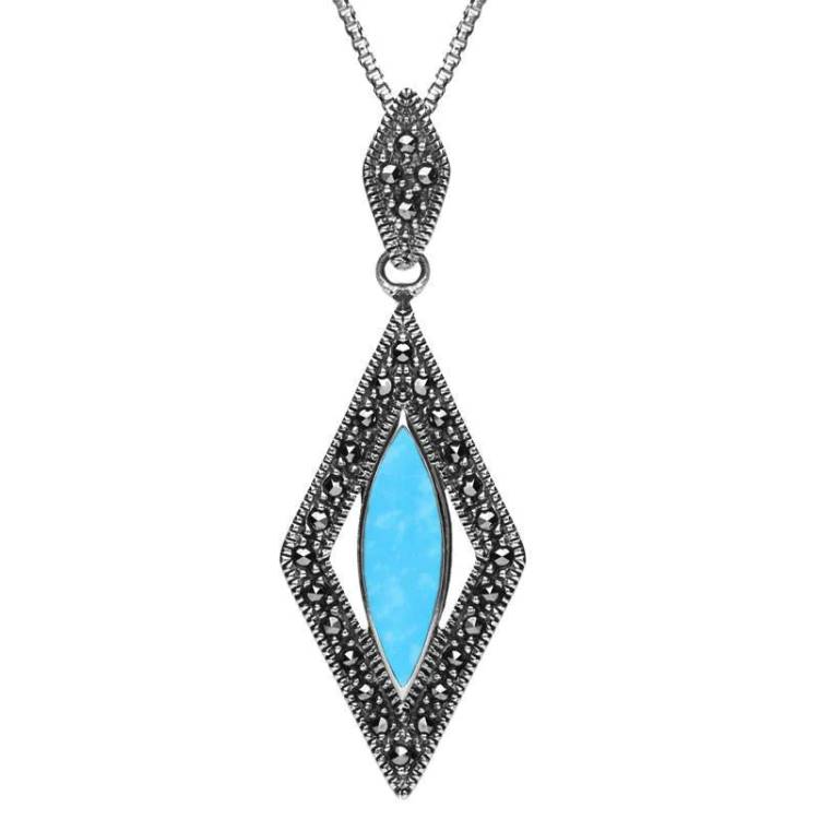 Sterling Silver Turquoise Marcasite Marquise Necklace - Silver