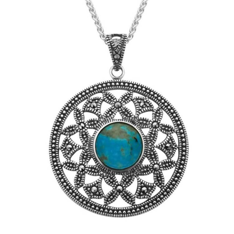 Sterling Silver Turquoise Marcasite Open Circle Necklace - Silver