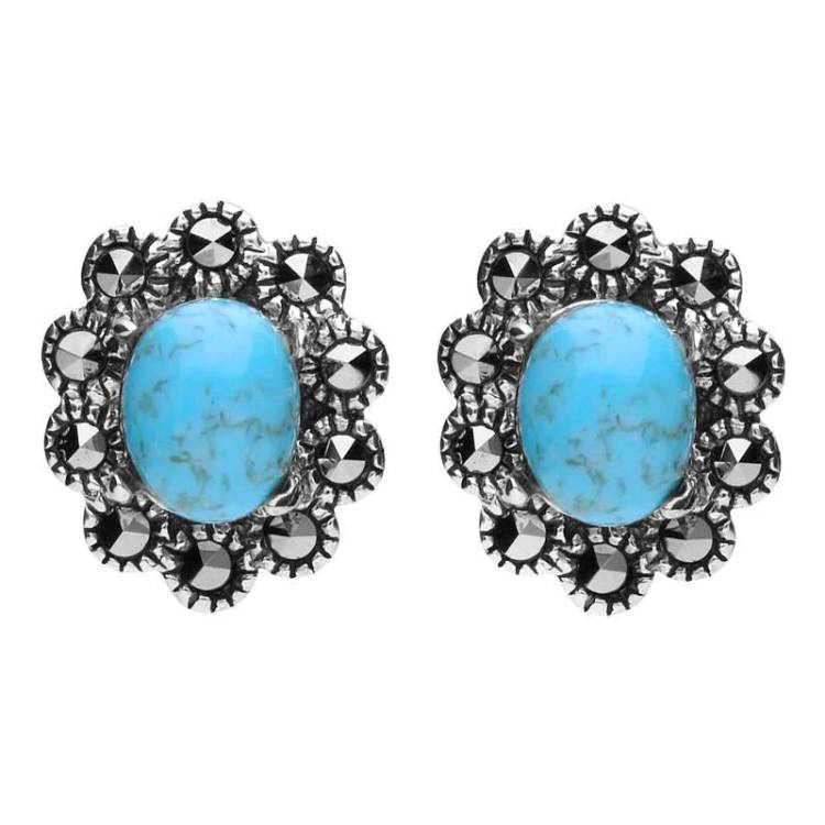 Sterling Silver Turquoise Marcasite Oval Beaded Edge Stud Earrings - Silver
