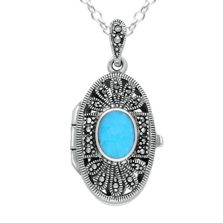 Sterling Silver Turquoise Marcasite Oval Floral Locket - Silver