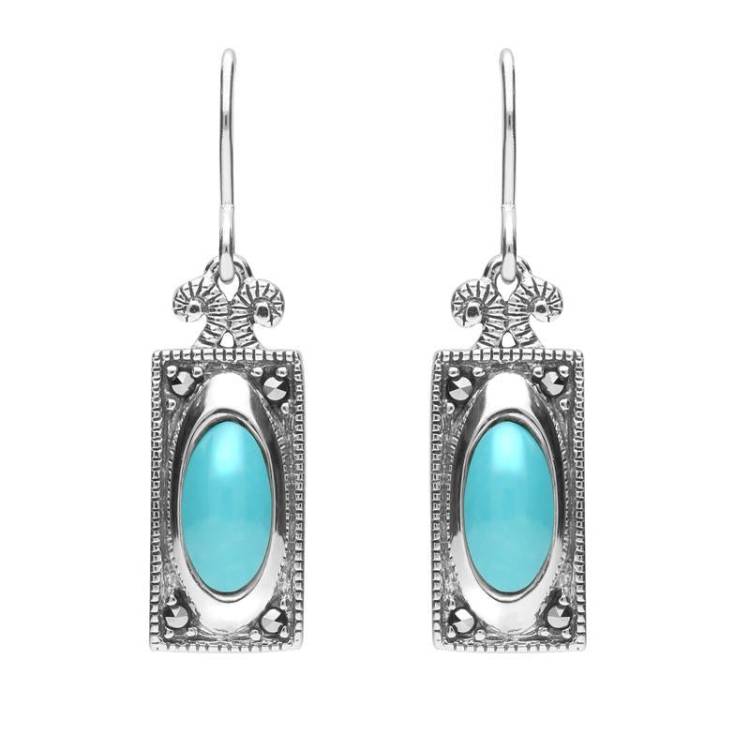 Sterling Silver Turquoise Marcasite Oval Oblong Drop Hook Earrings - Option1 Value Silver